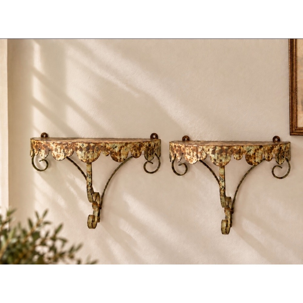 2 Vintage Distressed Metal Wall Shelves ~ Scalloped Farmhouse Cottage Decor